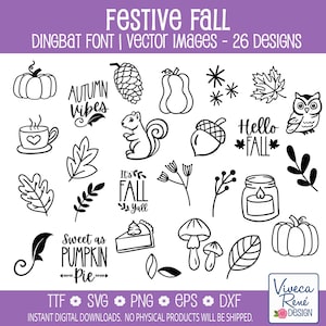 May include: Black and white vector images with a fall theme, including pumpkins, leaves, acorns, and the text "Festive Fall". The image also includes the text "Autumn Vibes", "It's Fall Y'all", and "Sweet as Pumpkin Pie".