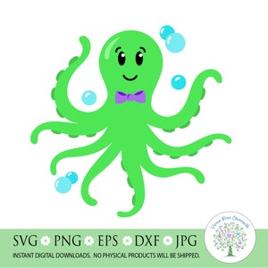 Green Octopus with Bowtie SVG: Ocean Beach Cut File (Digital Download)