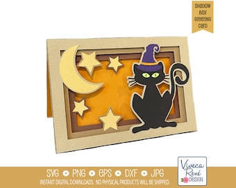 Tarjeta SVG de Halloween con diseño de gato negro en caja de sombras, archivo de corte con luna y estrellas espeluznantes.