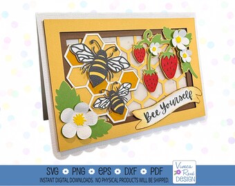Bee Shadowbox-kaart SVG: 3D Bee & Strawberry-ontwerp (digitaal gesneden bestand)