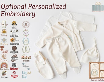 Organic Personalized Newborn Baby 5 Piece Coming Home Set, Ecru White, Custom Embroidery, Baby Gift, Baby Shower Gift