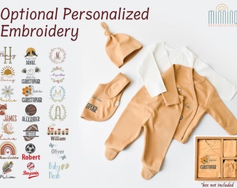 Organic Personalized Newborn Baby 5 Piece Coming Home Set, Camel Brown, Custom Embroidery, Baby Gift, Baby Shower Gift