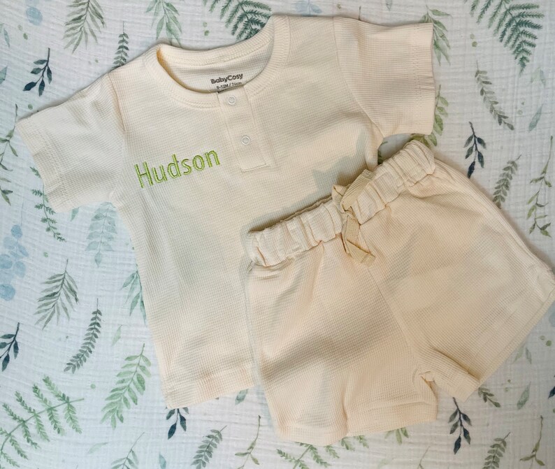 2 Piece Organic Personalized Baby Set, Ecru White, Buttoned Set, Shorts, Custom Embroidery, Baby Gift, Baby Shower Gift image 6