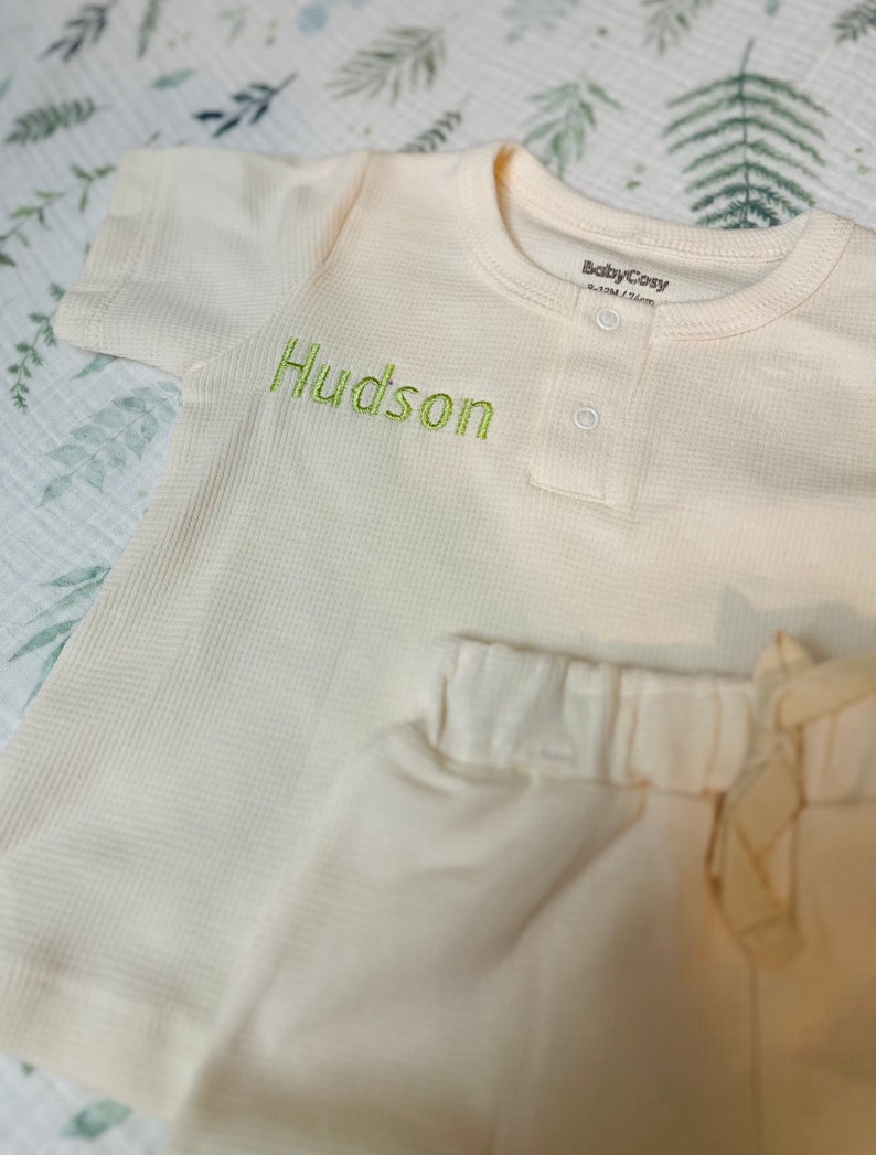 2 Piece Organic Personalized Baby Set, Ecru White, Buttoned Set, Shorts, Custom Embroidery, Baby Gift, Baby Shower Gift image 7