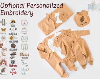 Organic Personalized Newborn Baby 10 Piece Coming Home Set, Camel Brown, Custom Embroidery, Baby Gift, Baby Shower Gift