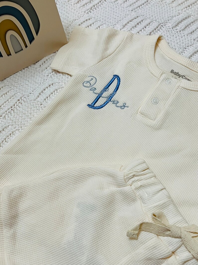2 Piece Organic Personalized Baby Set, Ecru White, Buttoned Set, Shorts, Custom Embroidery, Baby Gift, Baby Shower Gift image 2