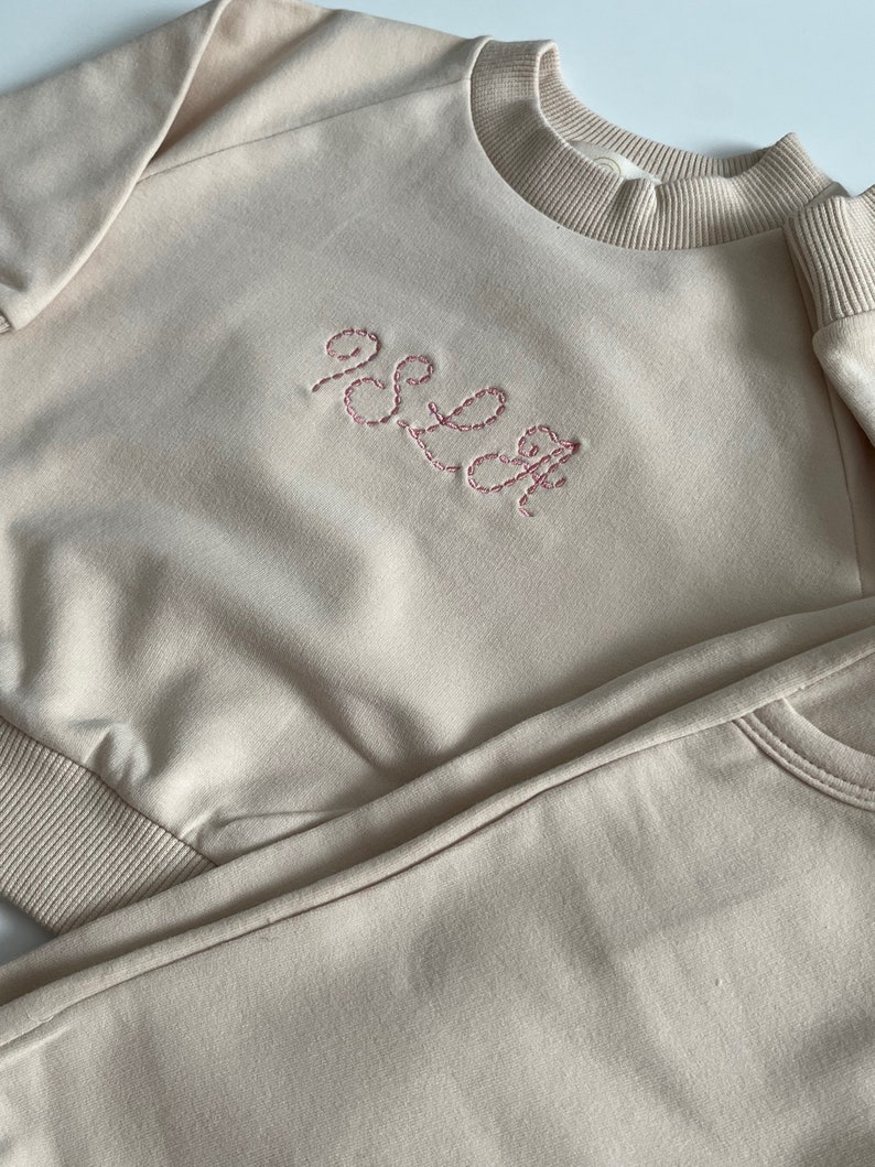 Personalized Organic Cotton 2 Piece Sweatsuit Set, Cream Beige, Custom Embroidery, Baby Gift, Baby Shower Gift, Baby Boy, Baby Girl image 2