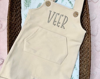 Organic Personalized Baby Toddler Overalls, Cream Beige,  Cotton, Custom Embroidery, Baby Gift, Boy Girl Gift, Baby Shower, Unisex