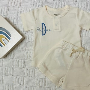 2 Piece Organic Personalized Baby Set, Ecru White, Buttoned Set, Shorts, Custom Embroidery, Baby Gift, Baby Shower Gift image 1
