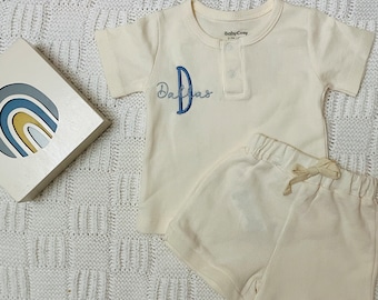 2 Piece Organic Personalized Baby Set, Ecru White, Buttoned Set, Shorts,  Custom Embroidery, Baby Gift, Baby Shower Gift