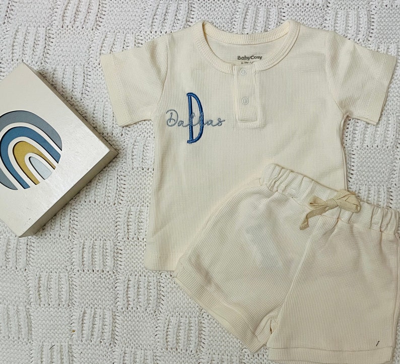 2 Piece Organic Personalized Baby Set, Ecru White, Buttoned Set, Shorts, Custom Embroidery, Baby Gift, Baby Shower Gift image 1