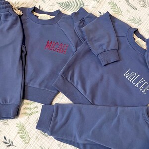 Personalized Blue Organic Cotton 2 Piece Sweatsuit Set, Custom Embroidery, Baby Shower Gift, Baby Boy, Baby Girl, Baby Jogger Set image 2