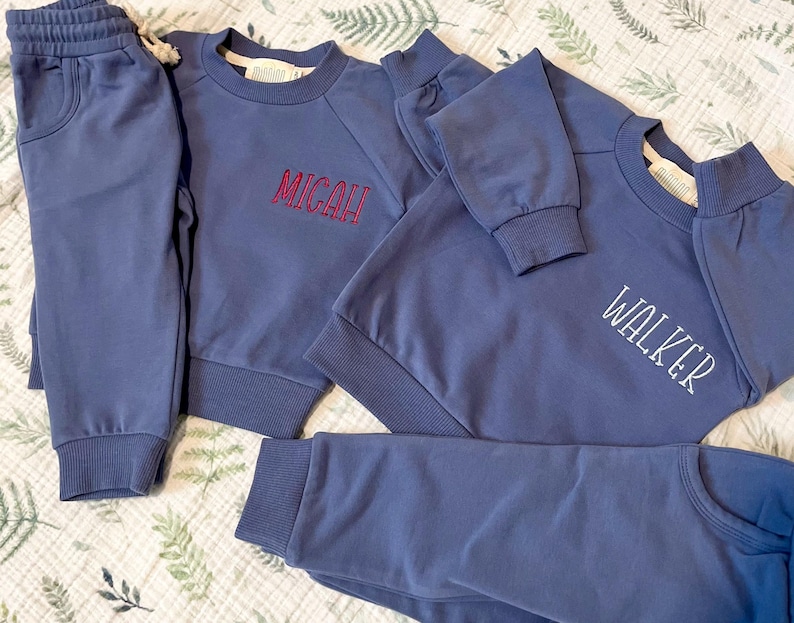 Personalized Blue Organic Cotton 2 Piece Sweatsuit Set, Custom Embroidery, Baby Shower Gift, Baby Boy, Baby Girl, Baby Jogger Set image 2