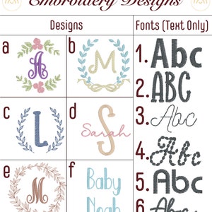 May include: Embroidery designs for clothing and home decor.  The designs include a variety of fonts and styles, including a floral wreath with a letter "A", a wreath with a letter "M", a letter "L" with a wreath, a cursive name "Sarah", a wreath with a letter "M", and the text "Baby Noah".  The fonts include a variety of styles, including block letters, script, and cursive.