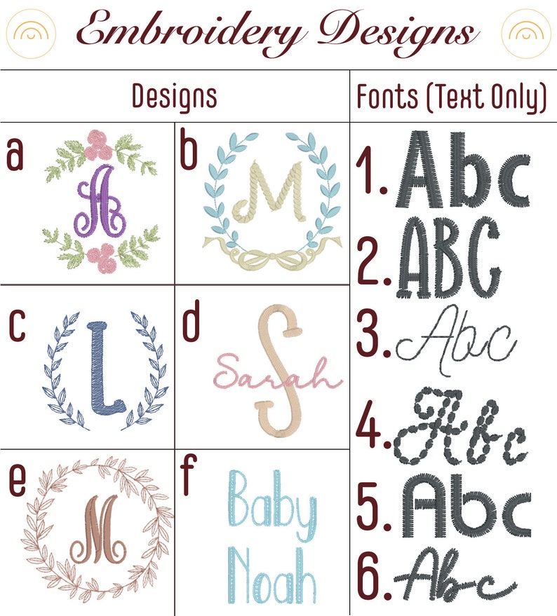 May include: Embroidery designs for clothing and home decor.  The designs include a variety of fonts and styles, including a floral wreath with a letter "A", a wreath with a letter "M", a letter "L" with a wreath, a cursive name "Sarah", a wreath with a letter "M", and the text "Baby Noah".  The fonts include a variety of styles, including block letters, script, and cursive.