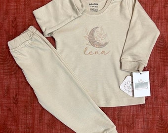 Organic Personalized 2 Piece Baby Set, Cream Beige,  Custom Embroidery, Baby Gift, Baby Shower Gift