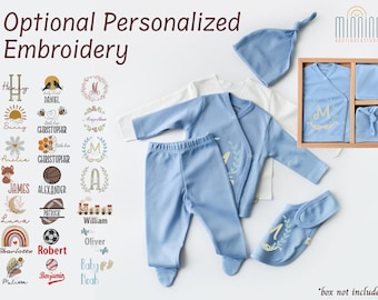 Organic Personalized Newborn Baby 5 Piece Coming Home Set, Cornflower Blue, Custom Embroidery, Baby Gift, Baby Shower Gift