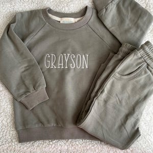 Personalized Sage Green Organic 2 Piece Sweatsuit Set,  Baby Jogger Set, Custom Embroidery, Baby Gift, Baby Shower Gift
