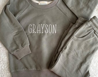 Personalized Sage Green Organic 2 Piece Sweatsuit Set,  Baby Jogger Set, Custom Embroidery, Baby Gift, Baby Shower Gift