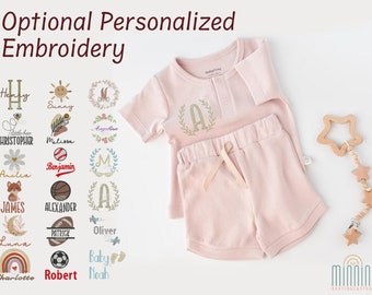 Organic Personalized 2 Piece Baby Set, Pale Pink, Buttoned Tshirt, Shorts, Custom Embroidery, Baby Gift, Baby Shower Gift, Baby Girl