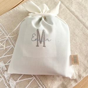Custom Linen Bag, Small, Drawstring, Embroidery, Ivory White, Cream Beige, Personalized, Boy Girl Baby Shower Gift, Cloth Bag