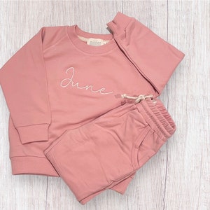 Personalized Organic Cotton 2 Piece Sweatsuit Set, Pink, Custom Embroidery, Baby Shower Gift, Baby Girl image 1