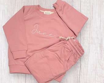 Personalized Organic Cotton 2 Piece Sweatsuit Set, Pink, Custom Embroidery, Baby Shower Gift, Baby Girl