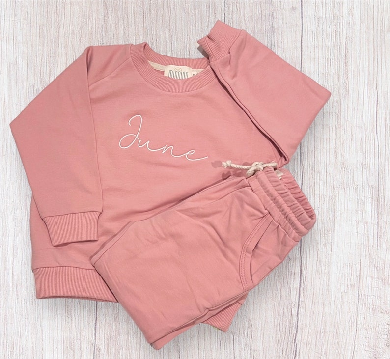 Personalized Organic Cotton 2 Piece Sweatsuit Set, Pink, Custom Embroidery, Baby Shower Gift, Baby Girl image 1