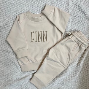 Personalized Organic Cotton 2 Piece Sweatsuit Set, Cream Beige, Custom Embroidery, Baby Gift, Baby Shower Gift, Baby Boy, Baby Girl image 1