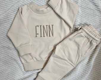 Personalized Organic Cotton 2 Piece Sweatsuit Set, Cream Beige, Custom Embroidery, Baby Gift, Baby Shower Gift, Baby Boy, Baby Girl