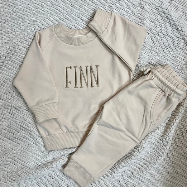 Personalized Organic Cotton 2 Piece Sweatsuit Set, Cream Beige, Custom Embroidery, Baby Gift, Baby Shower Gift, Baby Boy, Baby Girl