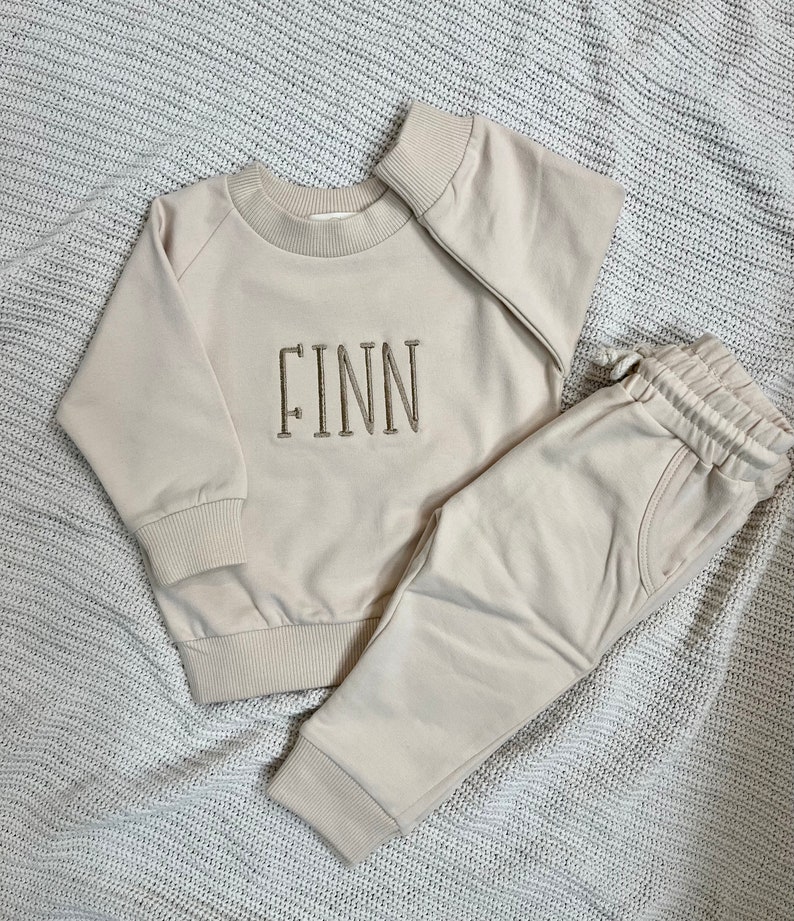 Personalized Organic Cotton 2 Piece Sweatsuit Set, Cream Beige, Custom Embroidery, Baby Gift, Baby Shower Gift, Baby Boy, Baby Girl image 1