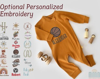 Zippered Romper, Mustard Yellow, Organic Cotton, Personalized, Custom Embroidery, Baby Gift, Boy Gift, Girl Gift, Baby Shower, Unisex
