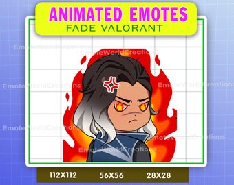 Op de afbeelding: Geanimeerde emote van een personage uit het videospel Valorant. Het personage is een vrouw met donker haar en rode ogen. Ze draagt een donkerblauw jack en heeft een vurige achtergrond. De afbeelding is beschikbaar in drie formaten: 112x112, 56x56 en 28x28 pixels.