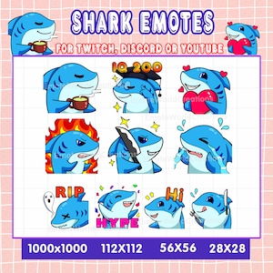 Cute Shark Emotes For Twitch Or Discord Streamers, 10 Blue Shark Emoji Pack, Shark Emote Pack, Emotes Bundle, Fish Emotes
