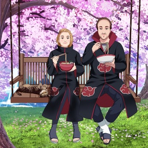 Custom Anime Portrait, Custom Couple Portrait, Ninja Portrait, Eating Ramen Couple, Personalized Gift For Birthday, Father&#39;s Day
