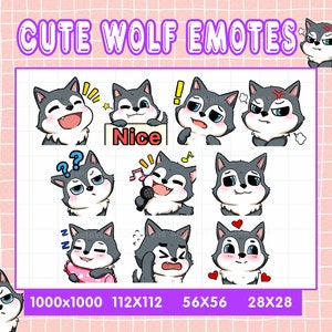 May include: A set of 10 cute wolf emotes with different expressions, including happy, surprised, singing, sleeping, and angry. The emotes are in various sizes, ranging from 28x28 pixels to 1000x1000 pixels. The emotes are perfect for use in online chat or social media.