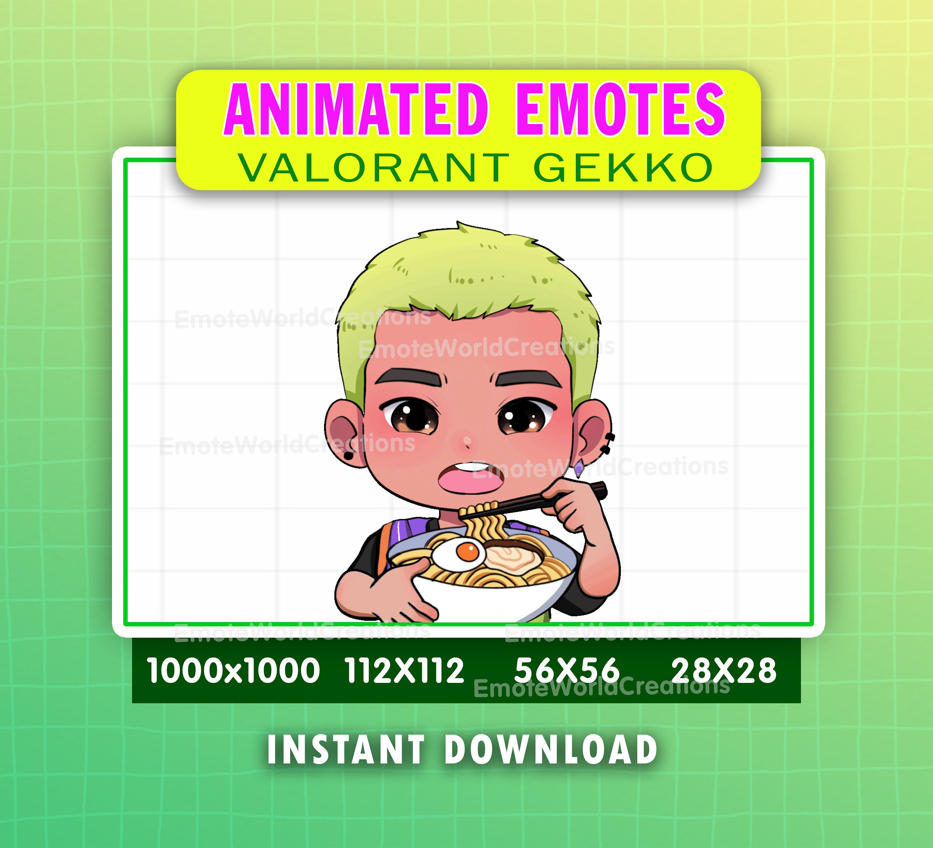 ANIMATED Gekko Valorant Emote For Twitch Or Discord Streamers, Valorant Gekko Eating Ramen Emote, Noodle Gekko Animated Emoji, Gekko Gif