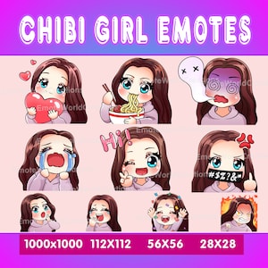 Brown Hair Girl Emotes For Twitch Or Discord Streamers, Chibi Girl Emotes, Brown Hair Girl Emoji, Emotes Bundle, Emotes Pack
