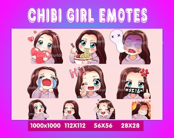 Brown Hair Girl Emotes For Twitch Or Discord Streamers, Chibi Girl Emotes, Brown Hair Girl Emoji, Emotes Bundle, Emotes Pack