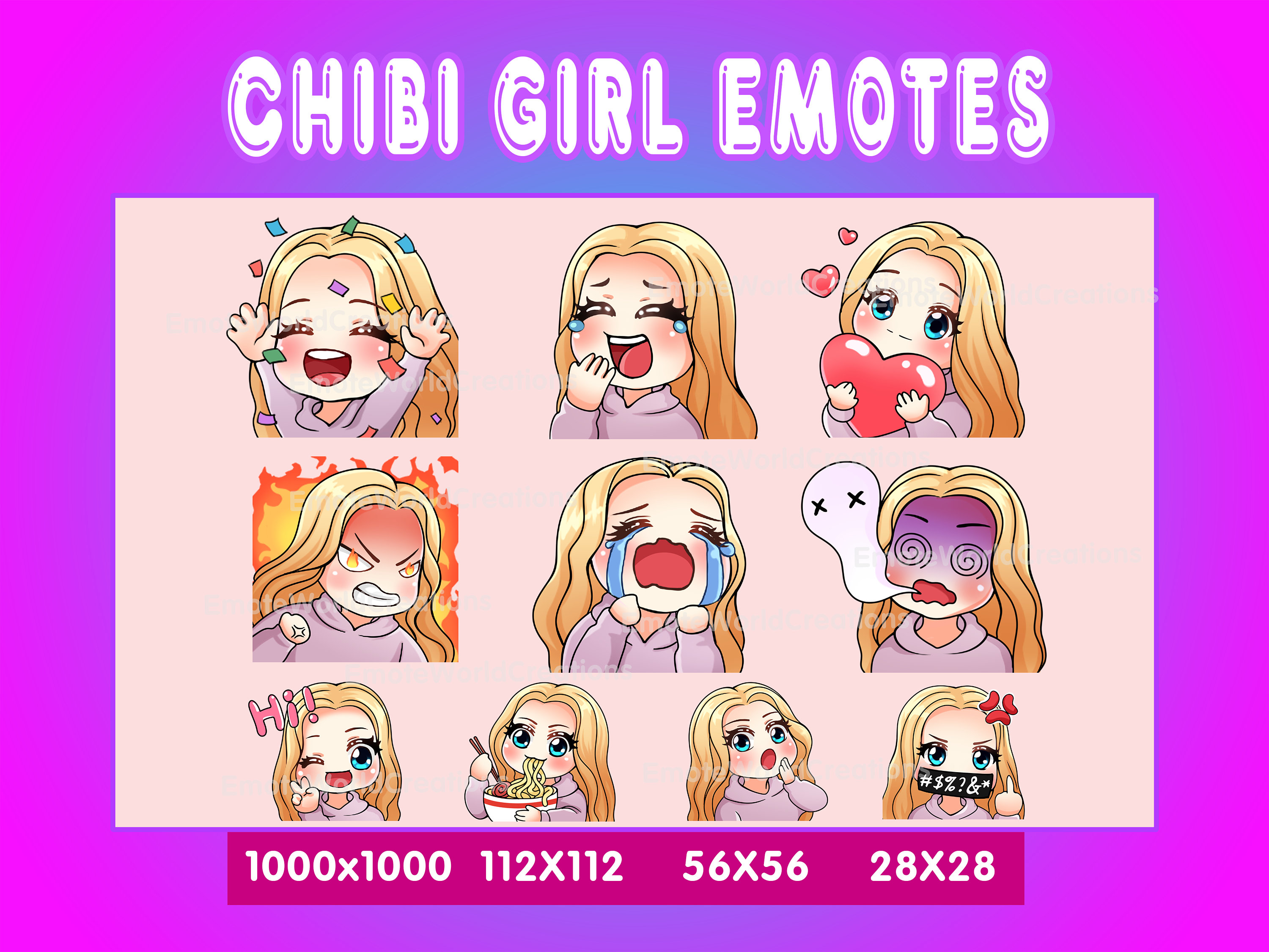 Blonde Hair Girl Emotes for Twitch or Discord Streamers, Chibi Girl