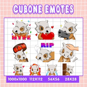 Peut inclure: Un ensemble de neuf émoticônes numériques représentant un Cubone de Pokémon dessiné dans un style cartoon, dans différentes poses et expressions. Les émoticônes incluent "Hype", "Ban", "Rip", "Crying", "Angry", "Pat", "Gun", "Heart", et "Sad". Les émoticônes sont conçues dans un style pixelisé et sont adaptées à une utilisation sur les plateformes de médias sociaux.