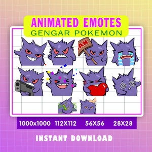 May include: Animated Gengar Pokemon emotes in various poses and expressions. The emotes are in a grid with different sizes: 1000x1000, 112x112, 56x56, and 28x28. The text "INSTANT DOWNLOAD" is at the bottom of the image.