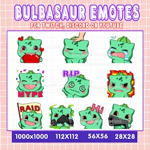Cute Bulbasaur Emotes For Twitch Or Discord Streamers, 10 Bulbasaur Emoji Pack, Pokemon Emote Pack, Emotes Bundle, Pokeomone Emotes