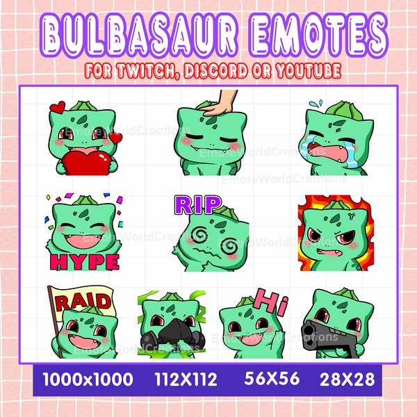 Cute Bulbasaur Emotes For Twitch Or Discord Streamers, 10 Bulbasaur Emoji Pack, Pokemon Emote Pack, Emotes Bundle, Pokeomone Emotes