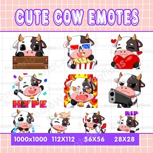 Émotes mignonnes de vache noire pour les banderoles Twitch ou Discord, pack de 10 emoji de vache, pack d'emotes de vache, lot d'emotes, emotes Chibi, emotes d'animaux