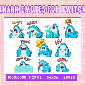 Cute Shark Emotes For Twitch Or Discord Streamers, Chibi Shark Emoji Bundle, Twitch Emotes Pack 10, Shark Emotes Pack