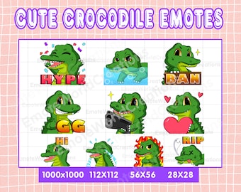 Cute Crocodile Emotes For Twitch Or Discord Streamers, 10 Crocodile Emoji Pack, Alligator Emote Pack, Emotes Bundle, Animal Emotes