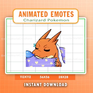 May include: Animated Charizard Pokemon emote in various sizes, including 112x112, 56x56, and 28x28 pixels. The emote shows Charizard sleeping in a purple blanket with a heart-shaped pillow.