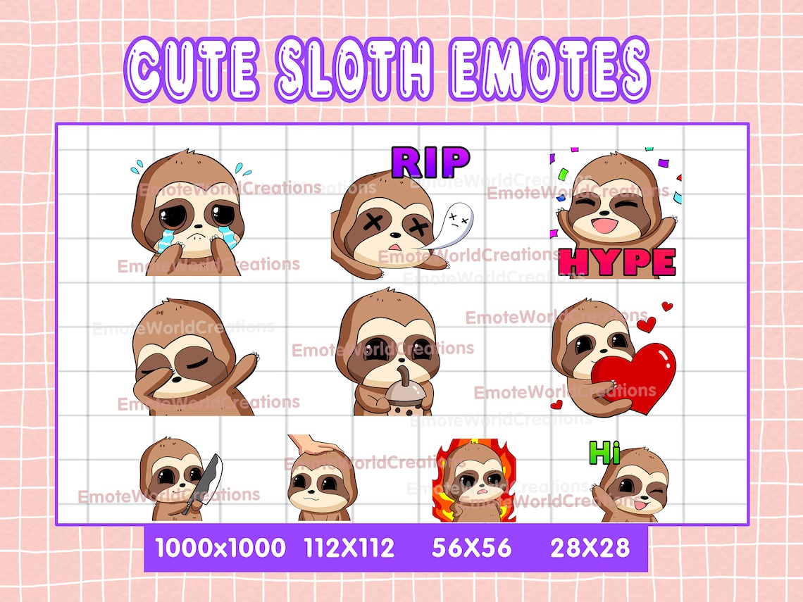 Uwu Sloth Cute Sloth Emotes for Twitch or Discord Streamers, 10 Sloth Emoji Pack ...